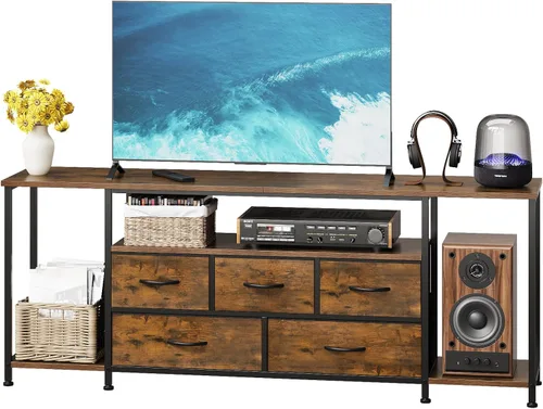 Miniatura 7 de Soporte de TV para televisores de hasta 75 pulgadas, mesa consola industrial de TV con 5 cajones de tela y 3 estantes abiertos, centro