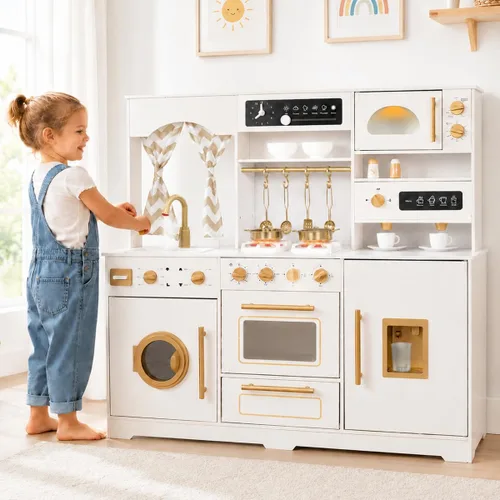 Juego de Cocina de Juguete de Madera con Máquina de Hielo, Dispensador de Agua, Cafetera, Gran Juego de Cocina de Juguete para Niños Pequeños con