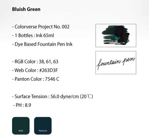 Miniatura 7 de Coloverse Project Ink No.002 - Tinta para pluma estilográfica (2.2 fl oz), color verde azulado