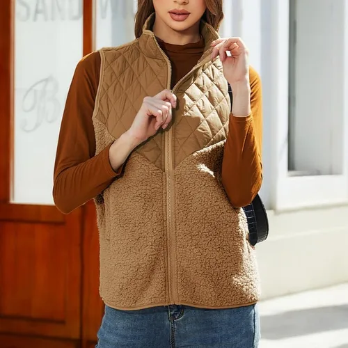 Miniatura 5 de Vipwest Chaleco sherpa de forro polar mullido para mujer, para otoño e invierno, con cuello alto, ligero, sin mangas, (S-5XL)