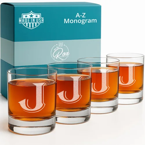 Miniatura 34 de On The Rox Drinks Juego de 4 vasos de vidrio grabados con monograma B, 11 onzas