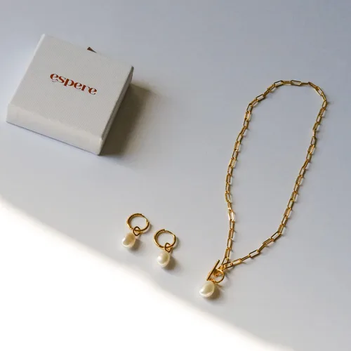 Miniatura 7 de Collar de palanca de oro de perlas de agua dulce blanca de 18 pulgadas Cadena de clip de papel con dije de perla barroca