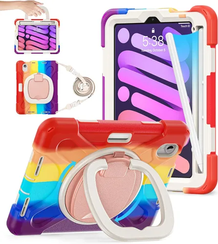 Miniatura 10 de BATYUE Funda para iPad Mini 7 A17 Pro 2024/iPad Mini 6 2021 de 8.3 pulgadas con soporte para lápices, soporte giratorio de 360°, correa