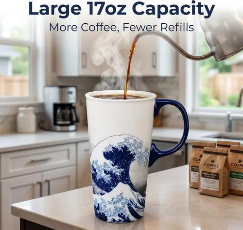 Miniatura 5 de Topadorn Taza de viaje de cerámica Taza de café de porcelana con tapa y caja a prueba de derrames, 17 onzas.