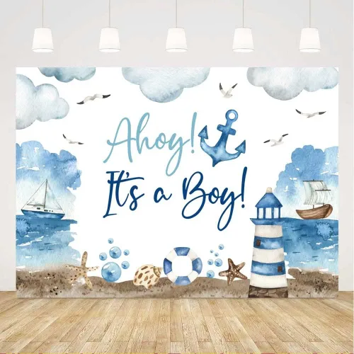Miniatura 7 de Ticuenicoa Telón de fondo náutico para baby shower, 5 x 3 pies, nubes azules y blancas, diseño de barco faro para revelación de género, cabina