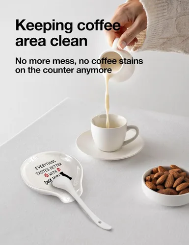 Miniatura 3 de WHING - Divertido soporte de cuchara de té de cerámica blanca para café, todo sabe mejor con pelo de perro, decoración de estación de café