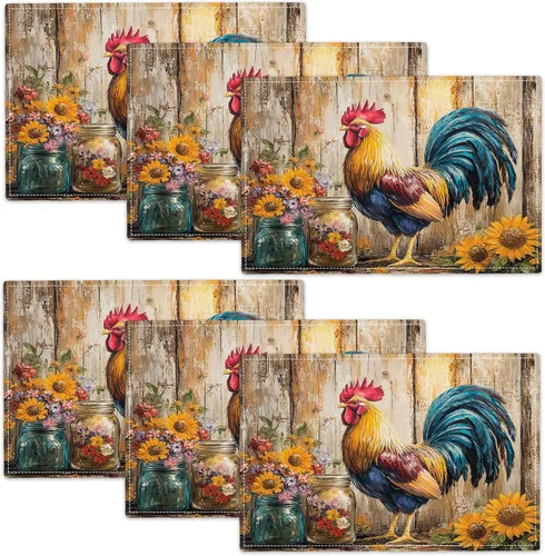 Miniatura 45 de Juego de 6 manteles individuales de girasol de granja, manteles individuales agradecidos bendecidos, manteles individuales rústicos de abeja