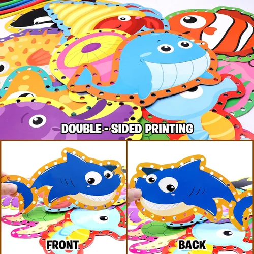 Miniatura 4 de Tarjetas de costura de animales marinos para niños, paquete de 12 tarjetas de costura con temática de tiburón, ballena, océano, decoración