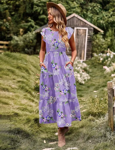 Miniatura 3 de YESNO Vestidos de verano para mujer, con volantes, manga casquillo, vestido casual bohemio con corpiño fruncido con bolsillos, E05
