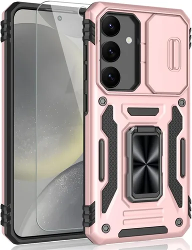 Funda para Samsung Galaxy S24, a prueba de golpes, con cubierta deslizante para cámara y soporte de anillo giratorio + protector de pantalla de