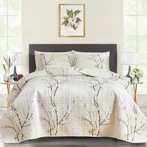 Miniatura 15 de Juego de edredón reversible de 3 piezas, cuadriculado blanco y gris, tamaño king 102 x 88 pulgadas, suave microfibra ligera, colcha de verano