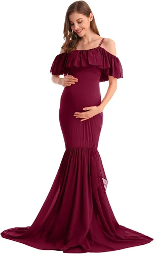 Miniatura 21 de MYRISAM Vestido de maternidad con volantes y hombros descubiertos para mujer, vestido de fiesta de sirena de gasa, vestido ajustado