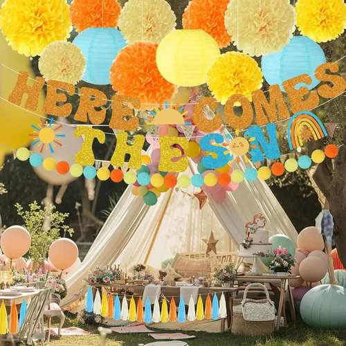 Miniatura 5 de TaoBary Banner de ducha con temática de «Here Comes The Sun» «Here Comes The Son» para baby shower, con pompones de seda, farol de papel, bohemio