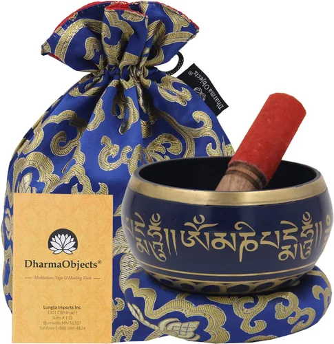 DharmaObjects Grande ~ Juego de cuencos tibetanos OM MANI con mazo, cojín de brocado y bolsa de transporte ~ para meditación, curación de chakras,