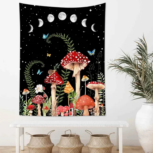 Miniatura 2 de HVEST Tapiz de hongos para colgar en la pared, tapiz bohemio de plantas y mariposas, noche con fase lunar y estrella, decoración de pared