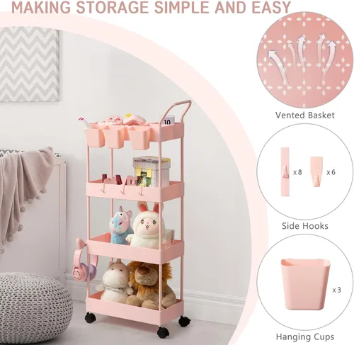 Miniatura 3 de Danpinera - Carrito de almacenamiento rosa delgado de 4 niveles, carrito de lavandería estrecho con ruedas, divisores, tazas para colgar, ganchos