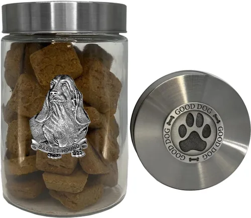 Heritage Pewter Basset Hound Good Dog Treat Jar – Tarro de golosinas de 34 onzas con tapa hermética a rosca | Regalo para propietarios de Basset