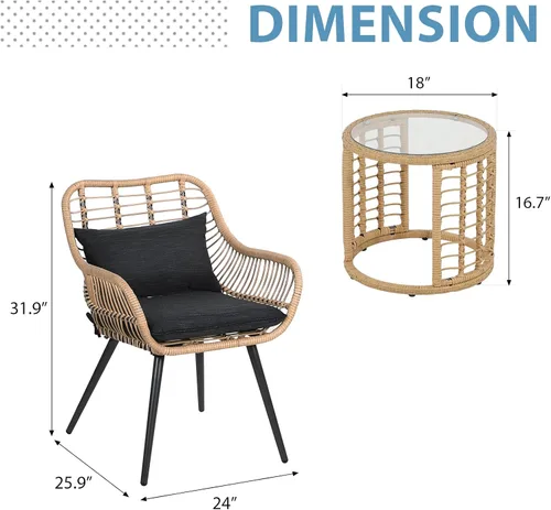 Miniatura 6 de JOIVI Juego de 3 piezas para patio bistró, juego de patio al aire libre de mimbre con asiento cómodo mejorado, mesa auxiliar redonda de cristal