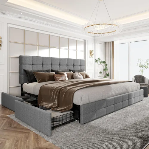 Miniatura 23 de HOOMIC Base de cama de almacenamiento de plataforma de tamaño matrimonial con 4 cajones y cabecera ajustable, listones de madera, no necesita Gris