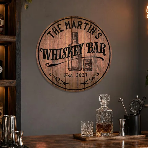 Miniatura 5 de Letrero de barra de whisky personalizado de 10 pulgadas, 14 pulgadas, 18 pulgadas, letrero redondo de madera, accesorios de barra de borbón