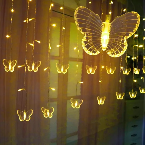 Miniatura 6 de Luces de cortina de mariposas, 13 pies, 96 luces LED USB, luces de hadas para ventana, 16 mariposas, 8 modos, luces de luciérnaga, centelleo, Blanco