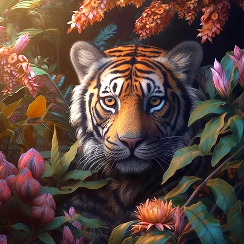 Bimkole Kits de arte de diamantes 5D para adultos, flores alrededor del tigre, set de bordado de pedrería DIY animal de taladro completo, pintura
