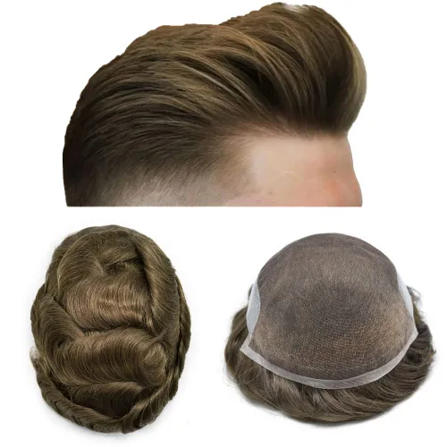 Miniatura 185 de Sistema de repuesto de cabello humano europeo con encaje frontal suizo para hombre, tupé para hombre, pieza de cabello, nudo blanqueado, línea #17