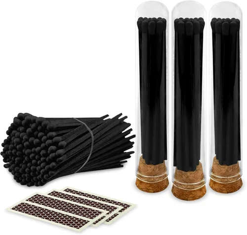 Miniatura 10 de 4" Fósforos Todos Negros en un Frasco + Adhesivos de Mechero Incluidos 100 Fósforos Negros con Punta Negra Decorativos y Seguros con Soporte