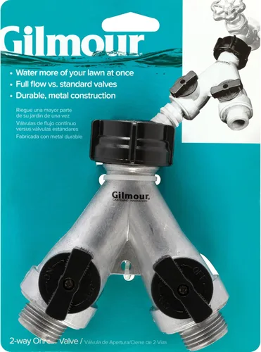 Miniatura 2 de Gilmour Divisor de manguera de jardín de 2 vías resistente, divisor de manguera de agua doble con válvula de cierre, colector de agua de metal