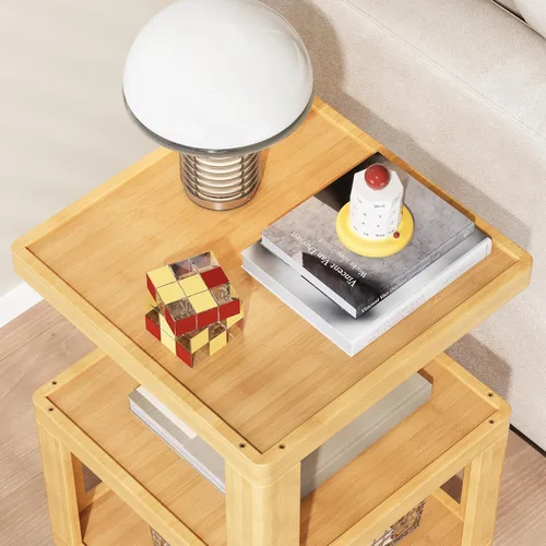 Miniatura 4 de ZIYOO Mesa auxiliar móvil de madera maciza de 3 niveles con ruedas, mesita de noche de madera, organizador de almacenamiento de diseño flotante