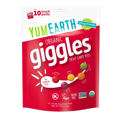 YumEarth Organic Giggles - Caramelos masticables aptos para alérgicos (los 9 mejores gratis), sin colorantes artificiales, sin OMG, sin gluten,