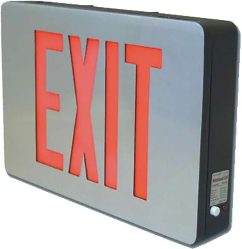 Sure-Lites CX71SD - Señal de salida LED, luz de emergencia de aluminio cepillado con letras rojas o verdes, autodiagnóstico, un solo lado, respaldo