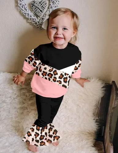 Miniatura 2 de Queenstyle Sudadera de bloque de color para niña pequeña + pantalones de campana + diadema para otoño e invierno