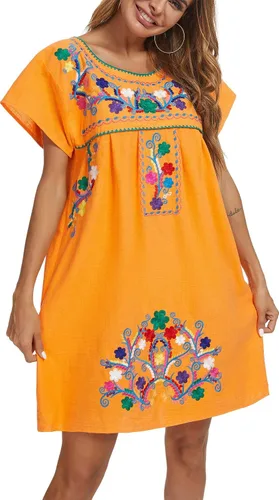 Miniatura 5 de YZXDORWJ - Vestido mexicano bordado de manga corta para mujer