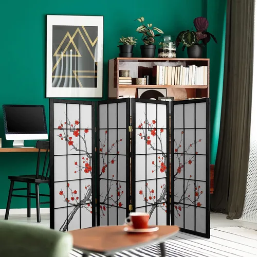 Pantalla Shoji corta de 4 pies con diseño de flor de cerezo, color negro, 4 paneles