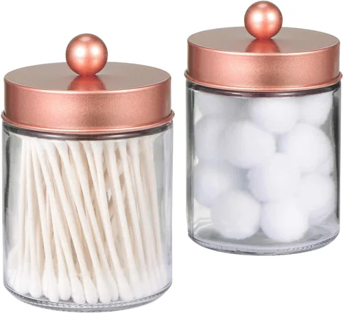 Miniatura 12 de Amolliar Juego de 2 organizadores de almacenamiento de vidrio para tocador de baño, recipiente de encimera con tapas de metal y calcomanías, tarros