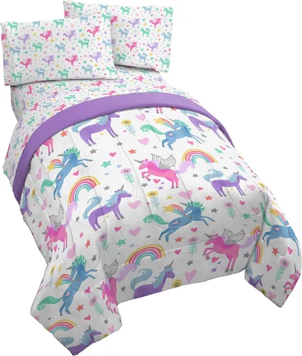 Jay Franco Unicorn Rainbow Juego de cama individual de 4 piezas, incluye edredón y juego de sábanas, microfibra súper suave resistente a la Blanco -