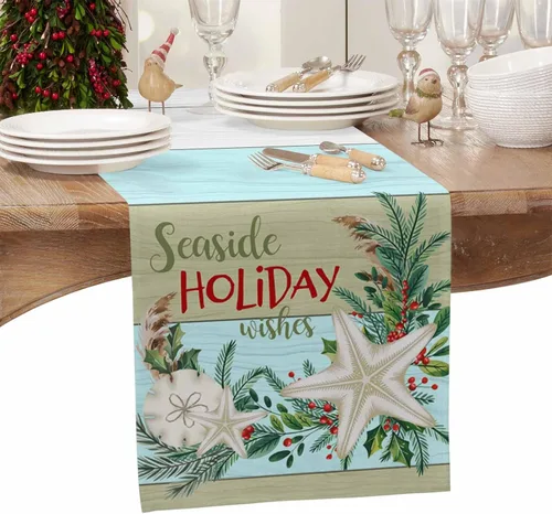 Miniatura 4 de Camino de mesa de Navidad costero, 36 pulgadas de largo, deseos de vacaciones junto al mar, playa, estrellas de mar, mezcla de algodón y lino