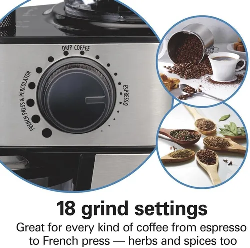 Miniatura 2 de Hamilton Beach Molinillo de café eléctrico con tolva grande de 16 onzas y 18 ajustes para 2-14 tazas, acero inoxidable (80385)