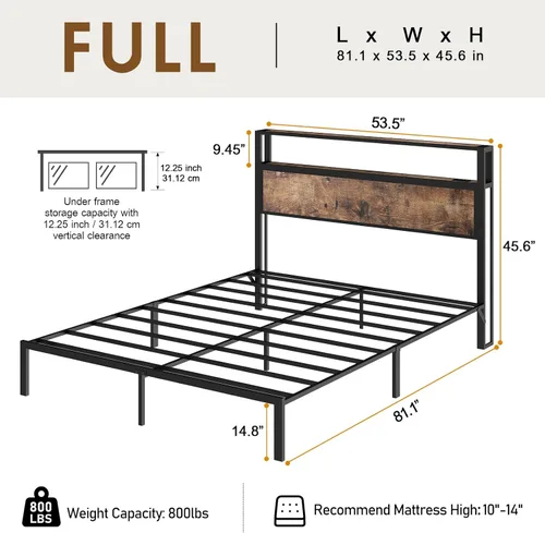 Miniatura 2 de Base de cama tamaño completo con cabecero, estructura de cama de plataforma metálica con luces LED y estación de carga, almacenamiento debajo