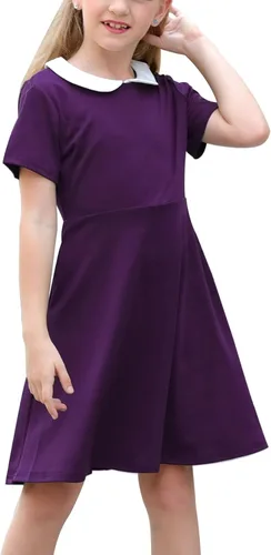 GORLYA Vestido de fiesta casual de manga corta para niña con cuello Peter Pan ajustado y acampanado con bolsillos, 4-12 años