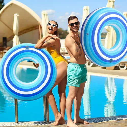 Miniatura 7 de Flotadores inflables gigantes de 50 pulgadas con diseño de rayas azules en forma de dona, flotadores de piscina para adultos, juguetes
