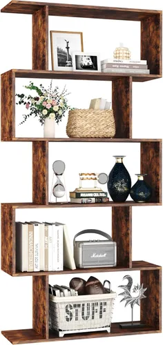 Yusong - Estantería de 5 niveles, estantería geométrica en forma de S para dormitorio, estante decorativo moderno industrial de madera para oficina