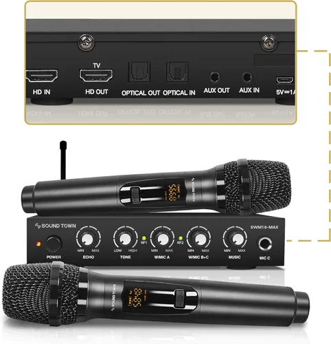 Miniatura 8 de Sound Town Sistema Mezclador de Karaoke con Micrófono Inalámbrico de 100 Canales con 2 Micrófonos de Mano de Metal, Óptico (Toslink), AUX