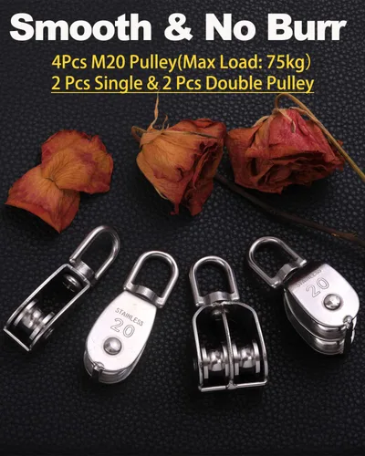 Miniatura 4 de Rocaris Paquete de 4 Bloques de Polea M20, 2 Piezas Polea Simple y 2 Piezas Polea Doble de Acero Inoxidable 304 Cable de Alambre Elevación Gancho
