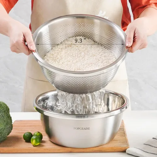 Miniatura 7 de Colador de Acero Inoxidable 304 de 2QT Colador Microporoso y Tazón de Mezcla para Cocina, Colador de Arroz con Cuenco de Lavado para Colar Pasta