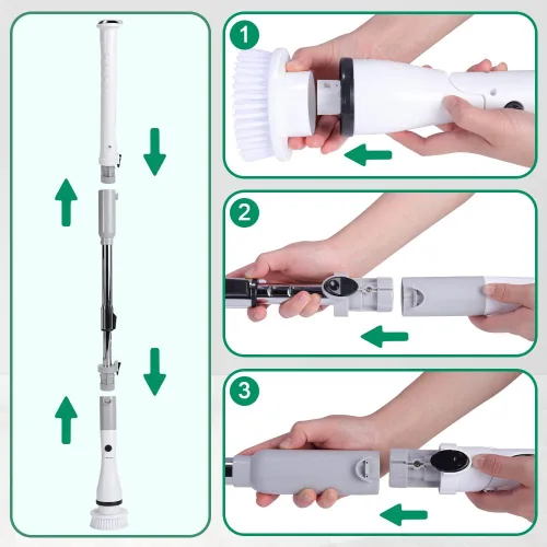 Miniatura 8 de Cepillo de limpieza eléctrico giratorio inalámbrico con mango largo desmontable ajustable y 4 cabezales de cepillo reemplazables, suministros