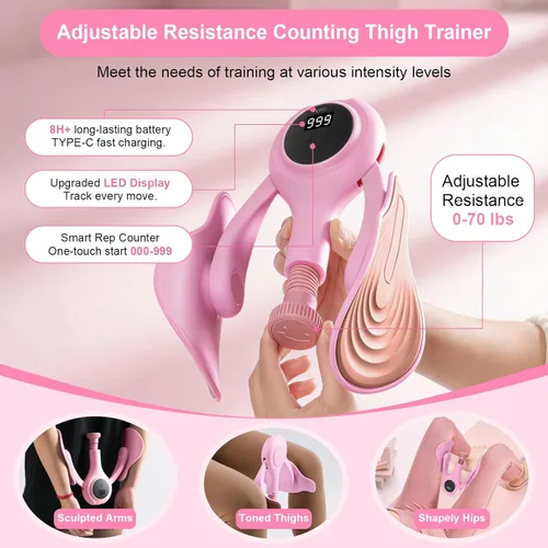 Miniatura 2 de Entrenador de muslos para mujer, 0-70 libras, resistencia ajustable, ejercitador interior de muslo con pantalla LED, dispositivos de reparación Rosa