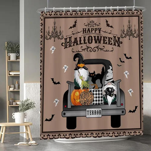 Miniatura 48 de Cortina de ducha de fantasma y gato negro para niños, 36 x 72 pulgadas, espeluznante y bonita, cortina de baño de Halloween con 6 ganchos, cortina