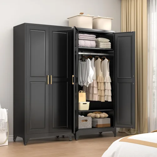 Miniatura 21 de Gabinete de Pared de Metal de 81 cm con 2 Puertas, Gabinetes Colgantes Negros con Manija, Gabinetes de Vestir de Metal, Armario Vestidor Clóset